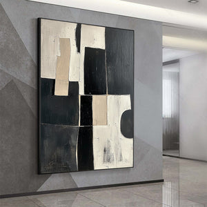 Contrast: Original Abstract Geometric Oil Painting - Black, White, Beige Wall Art Decor