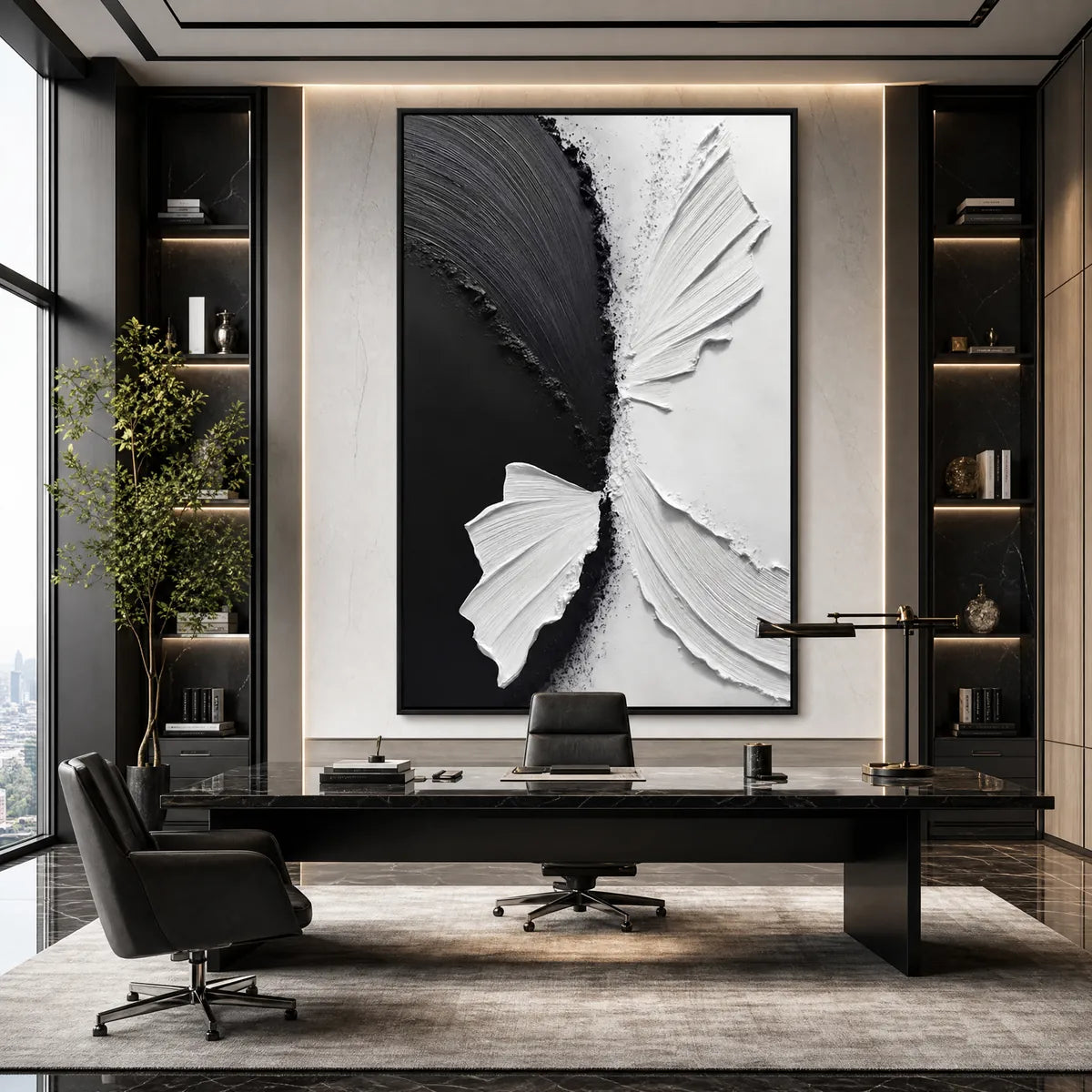 CONVERGENCE: Textured Black and White Minimalist Impasto Wall Art