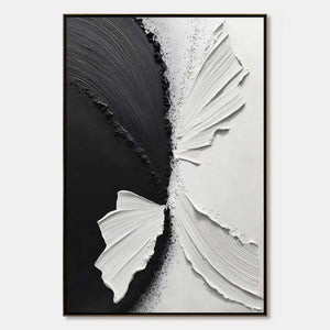 Textured black and white impasto wall art with sculptural abstract brushstrokes