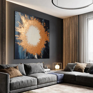 Square Abstract Oil Painting with Copper and Dark Blue