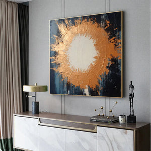 Square Abstract Oil Painting with Copper and Dark Blue