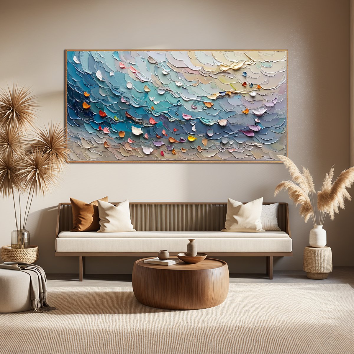Coral Dream: Textured Abstract Seascape Oil Painting Canvas Wall Art Decor