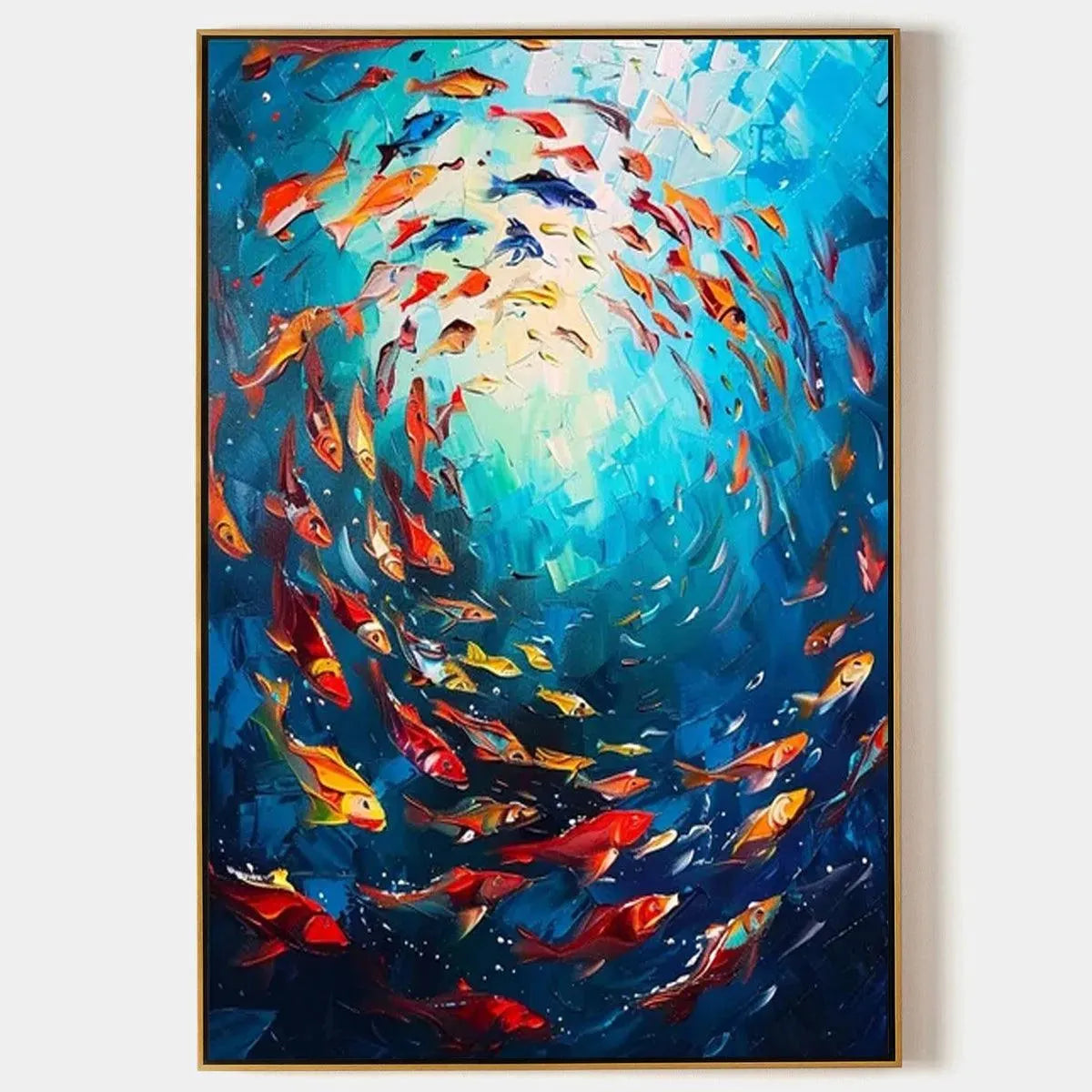 CORAL REEF DANCE painting by Yan Nan Li: colorful fish artwork with dynamic swirling movement and vibrant colors.