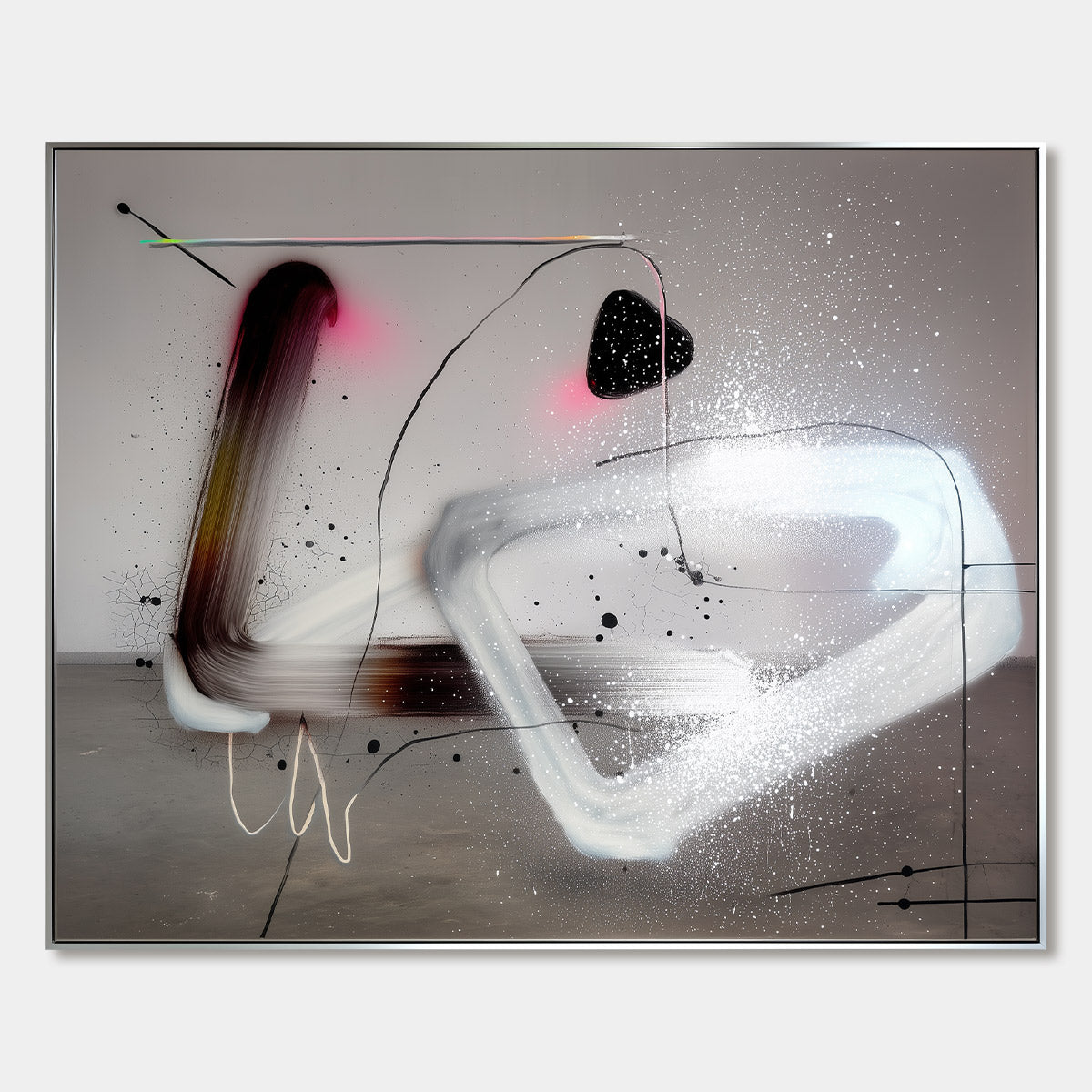 Abstract art piece with geometric shapes and splashes of color on a gray background