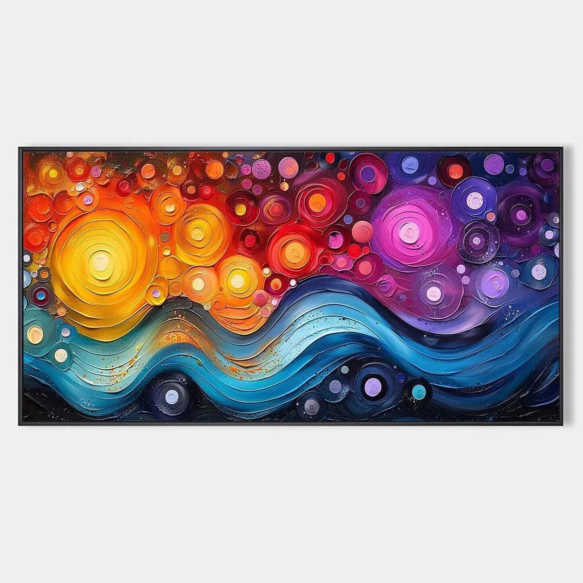 Cosmic Whirl original abstract painting by Willow Davies. Textured impasto swirls of warm colors and blue waves.