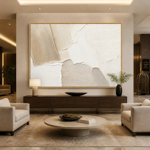 Cream beige abstract wall art with textured oil painting in a modern luxury living room displayed in a luxury hotel lobby.