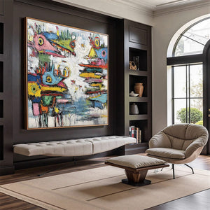 CREATURE CARNIVAL: Colorful Abstract Impasto Painting with Whimsical Figures