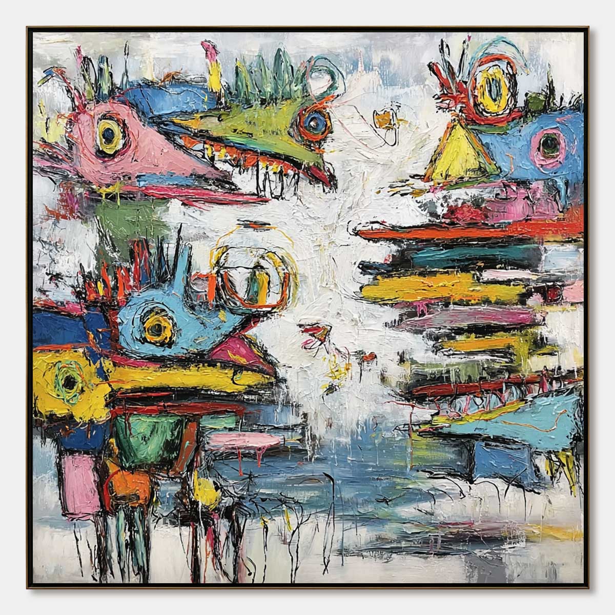 CREATURE CARNIVAL: Colorful Abstract Impasto Painting with Whimsical Figures