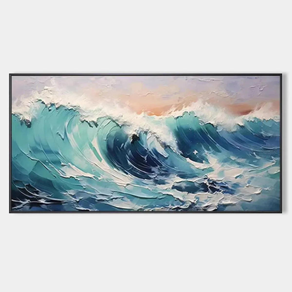 Textured turquoise ocean wave painting, white foam, blues, greens, peach sky. Panoramic seascape wall art.