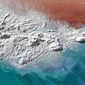 Textured turquoise ocean wave painting, white foam, blues, greens, peach sky. Panoramic seascape wall art.