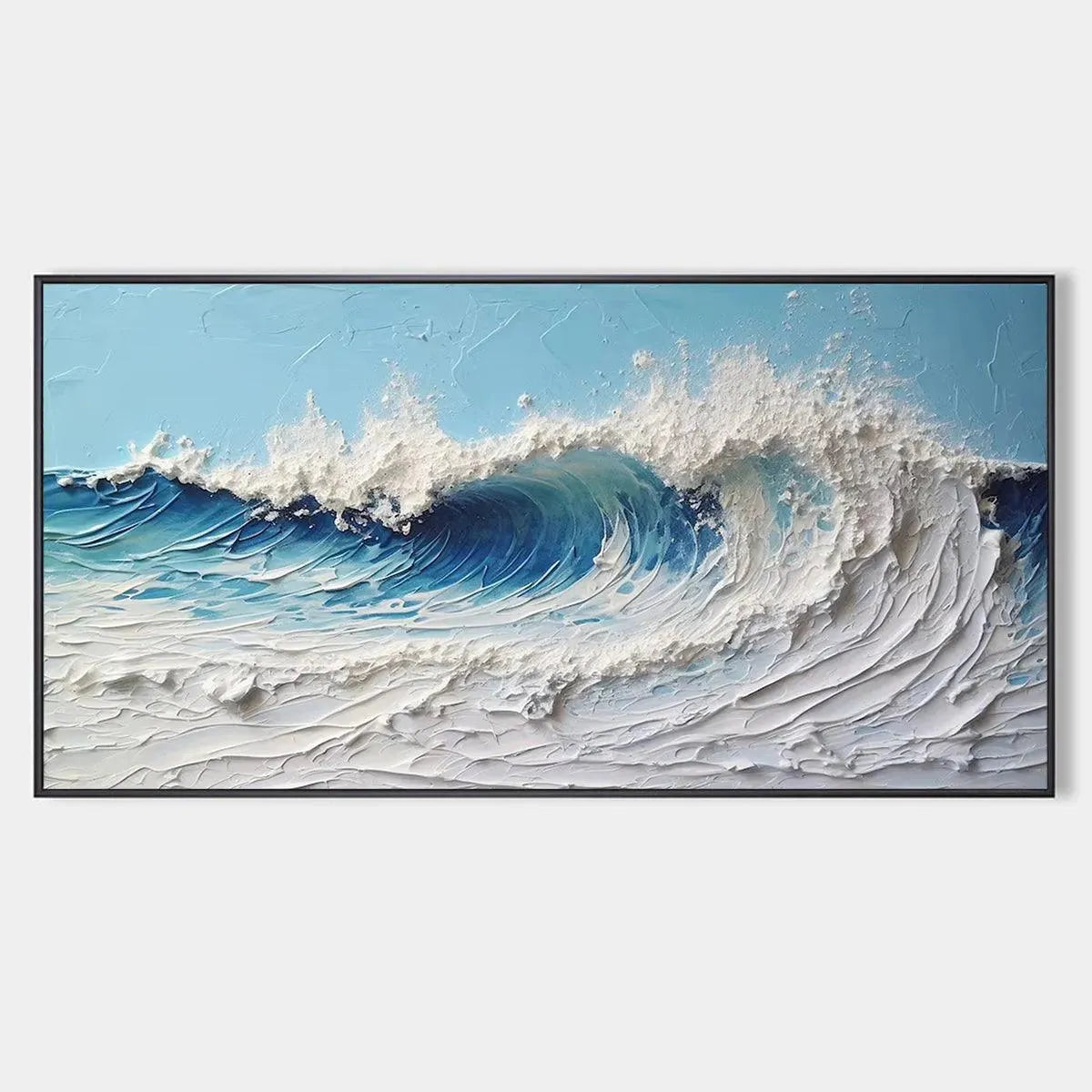 Textured abstract ocean wave painting "CRESTING WAVE" by Liam O'Connell. Blue and white impasto art.