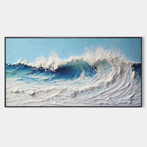 Textured abstract ocean wave painting "CRESTING WAVE" by Liam O'Connell. Blue and white impasto art.