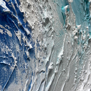 Textured abstract ocean wave painting "CRESTING WAVE" by Liam O'Connell. Blue and white impasto art.