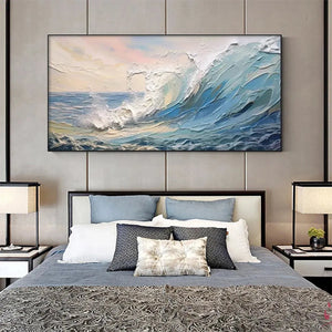Liam O'Connell 'Cresting Wave' textured seascape painting; dramatic blue ocean wave, white foam, sunset sky, black frame.
