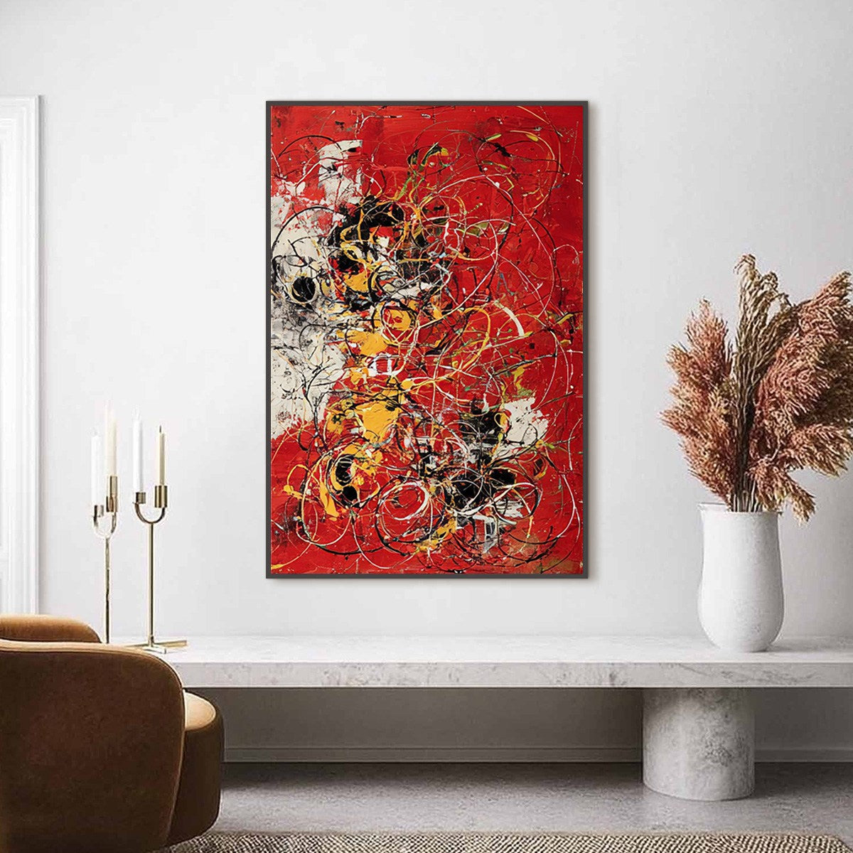 CRIMSON CHAOS: Large Vertical Red and Black Abstract Action Painting