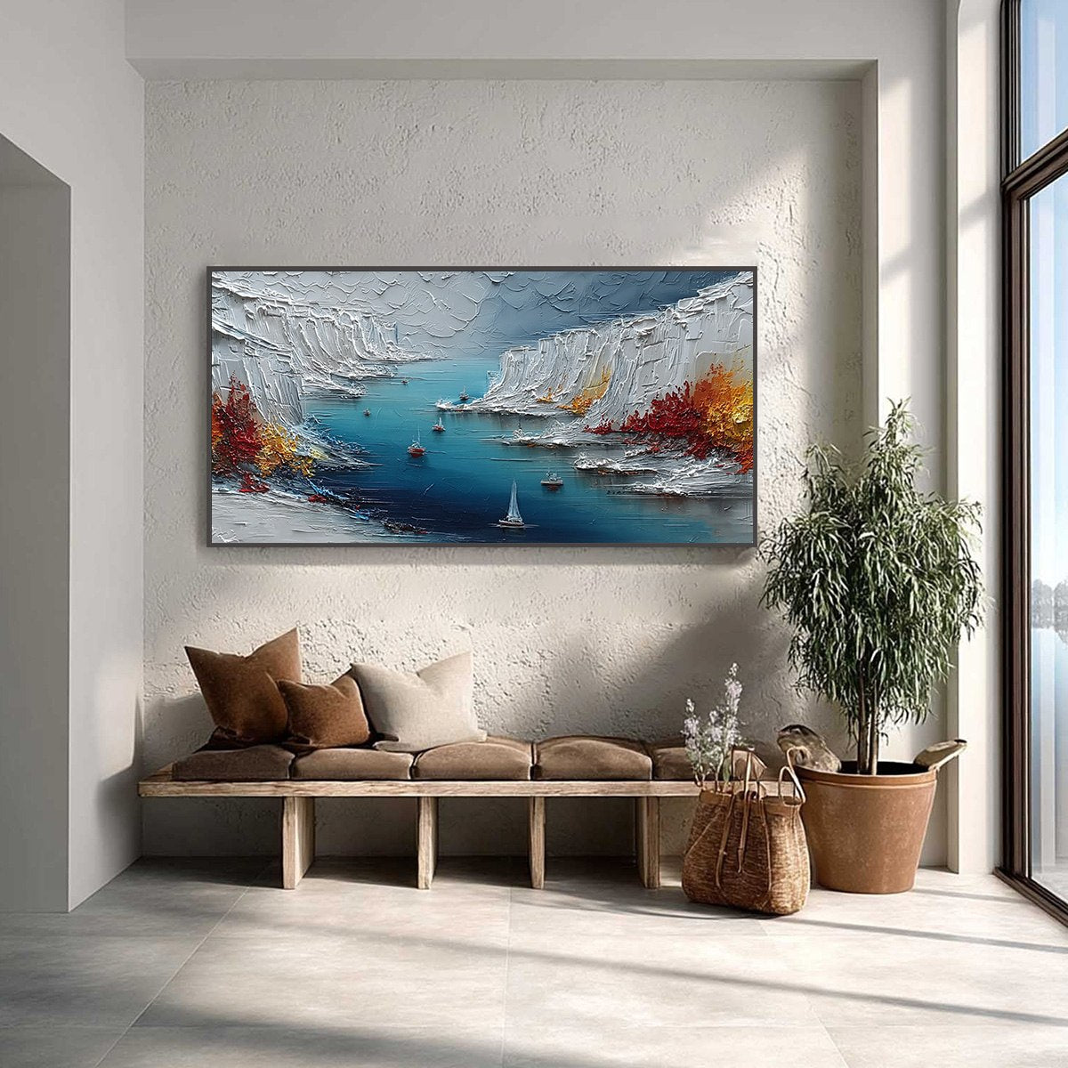 CRIMSON FJORD: Heavily Textured Palette Knife Coastal Landscape Painting