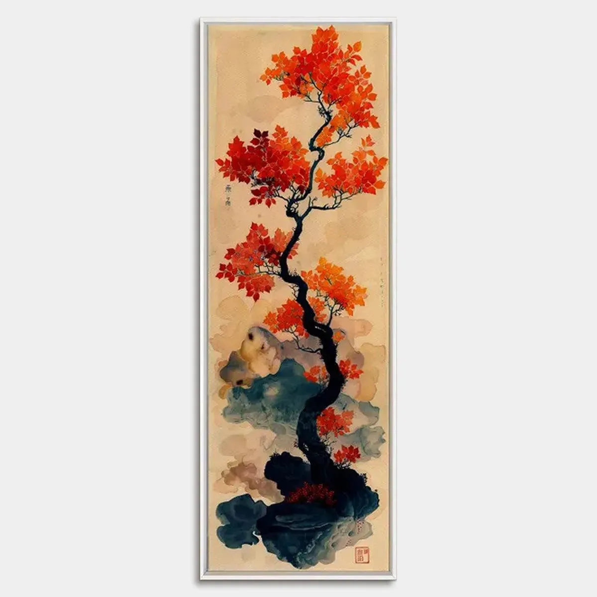 bonsai artworks CRIMSON AUTUMN BONSAI: Tree Painting, Vertical Wall Art, Asian Decor, 32''x80''