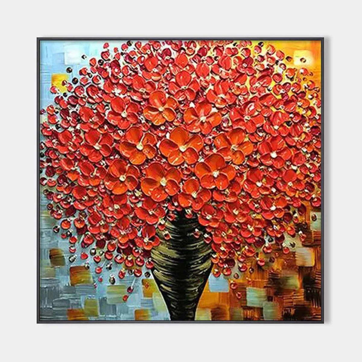 Crimson Bouquet textured impasto oil painting - vibrant red flowers in black vase, original handmade wall art by Isabella Rossi.