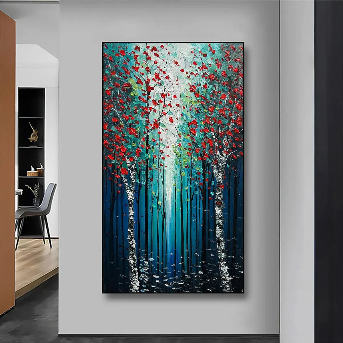 Vertical Textured Impasto Painting of a Forest with Red Accents, Modern Wall Art, Blue, Green and Red