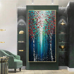 Vertical Textured Impasto Painting of a Forest with Red Accents, Modern Wall Art, Blue, Green and Red