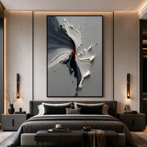 Grey and black abstract impasto oil painting with white and red textured strokes above a modern bed