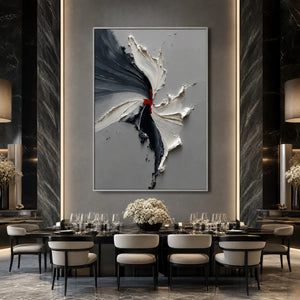 Grey and black textured abstract impasto oil painting with white accents and red center