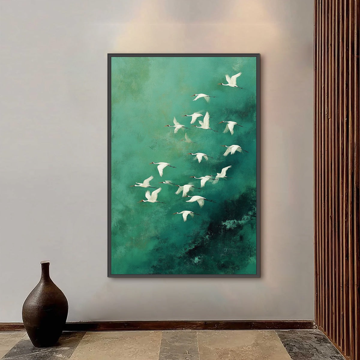 Celestial Journey | Green Crane Abstract Vertical Oil Painting
