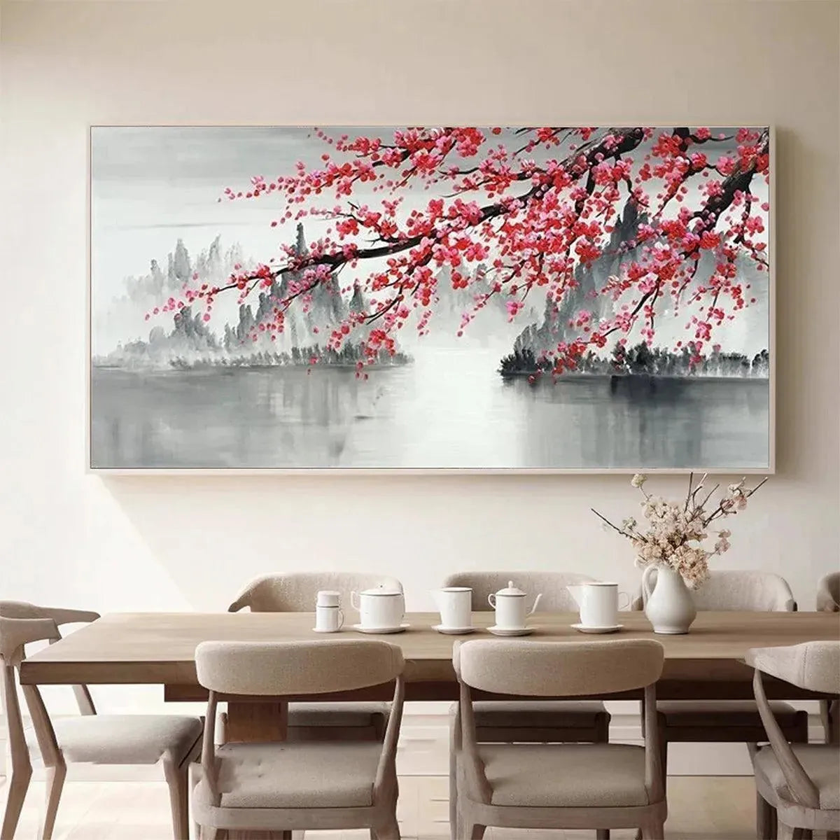 Chen Liu's Cherry Blossom Serenity horizontal painting with pink blossoms over misty mountains and serene water.