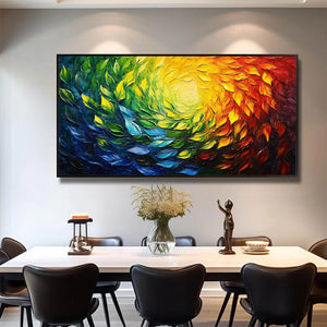 Chroma Spin: Panoramic Impasto Abstract Oil Painting in Vibrant Rainbow Colors on Canvas