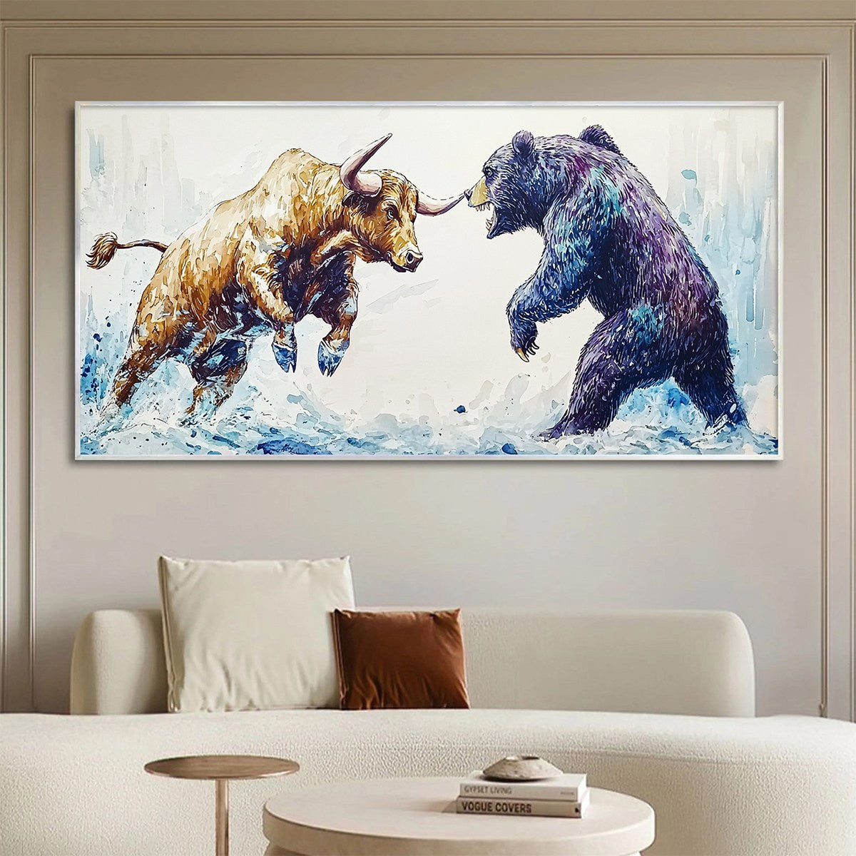 Clash of Forces: Original Panoramic Bull and Bear Oil Painting - Wildlife Wall Art Decor