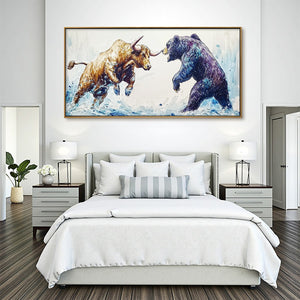 Clash of Forces: Original Panoramic Bull and Bear Oil Painting - Wildlife Wall Art Decor
