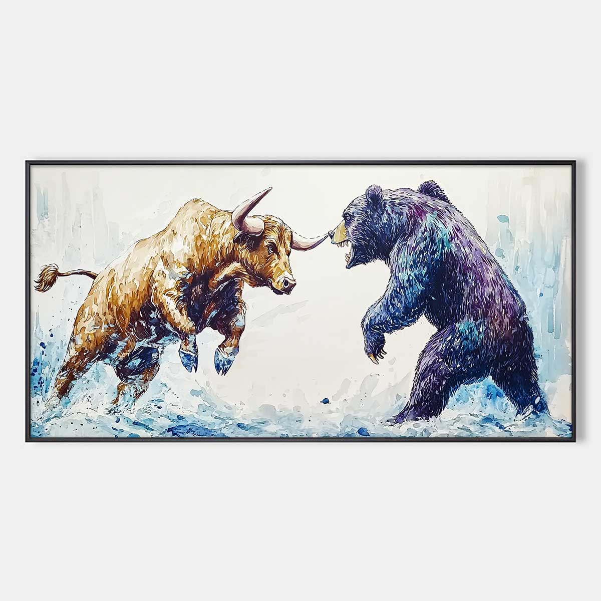 Clash of Forces: Original Panoramic Bull and Bear Oil Painting - Wildlife Wall Art Decor
