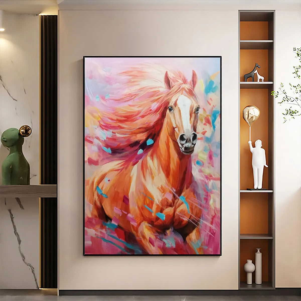 Pink Fire: Colorful Horse Oil Painting Canvas Wall Art Animal Decor