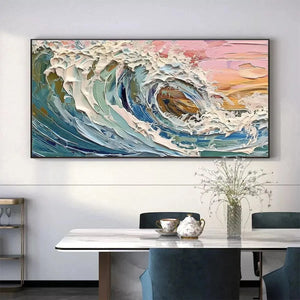 Textured impasto painting of a dynamic ocean wave in shades of blue and pink by Liam O'Connell, showcasing coastal serenity.