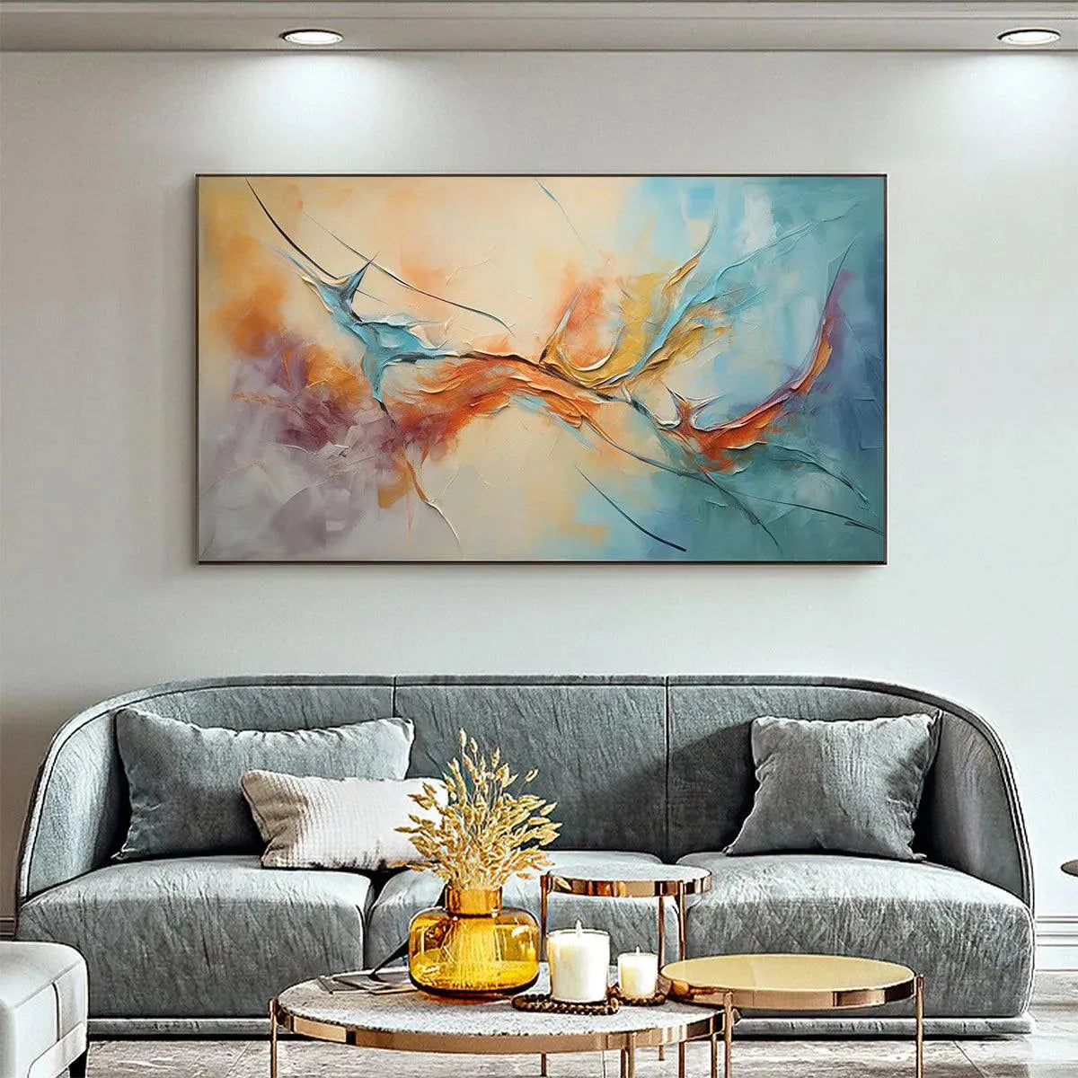 Coral Reef: Panoramic Abstract Blue and Orange Oil Painting on Canvas