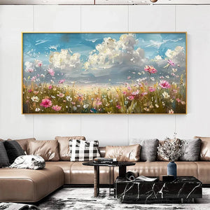 Cosmos Field: Textured Floral Landscape Painting | Impasto Wall Art | Horizontal Canvas | Wildflower Decor