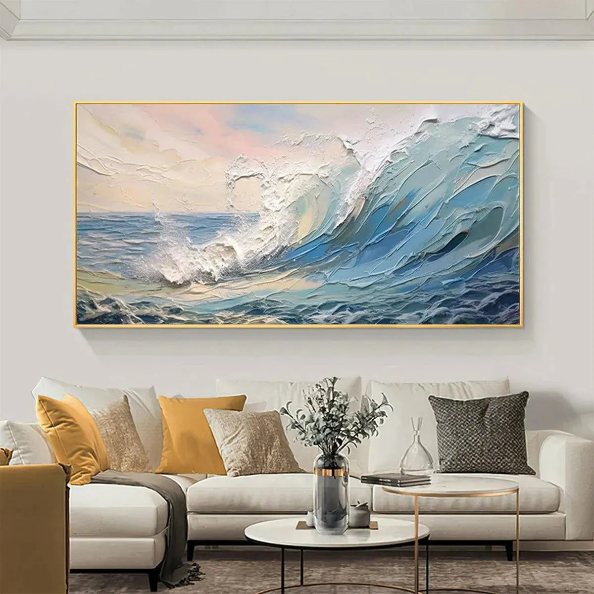 Liam O'Connell 'Cresting Wave' textured seascape painting; dramatic blue ocean wave, white foam, sunset sky, black frame.
