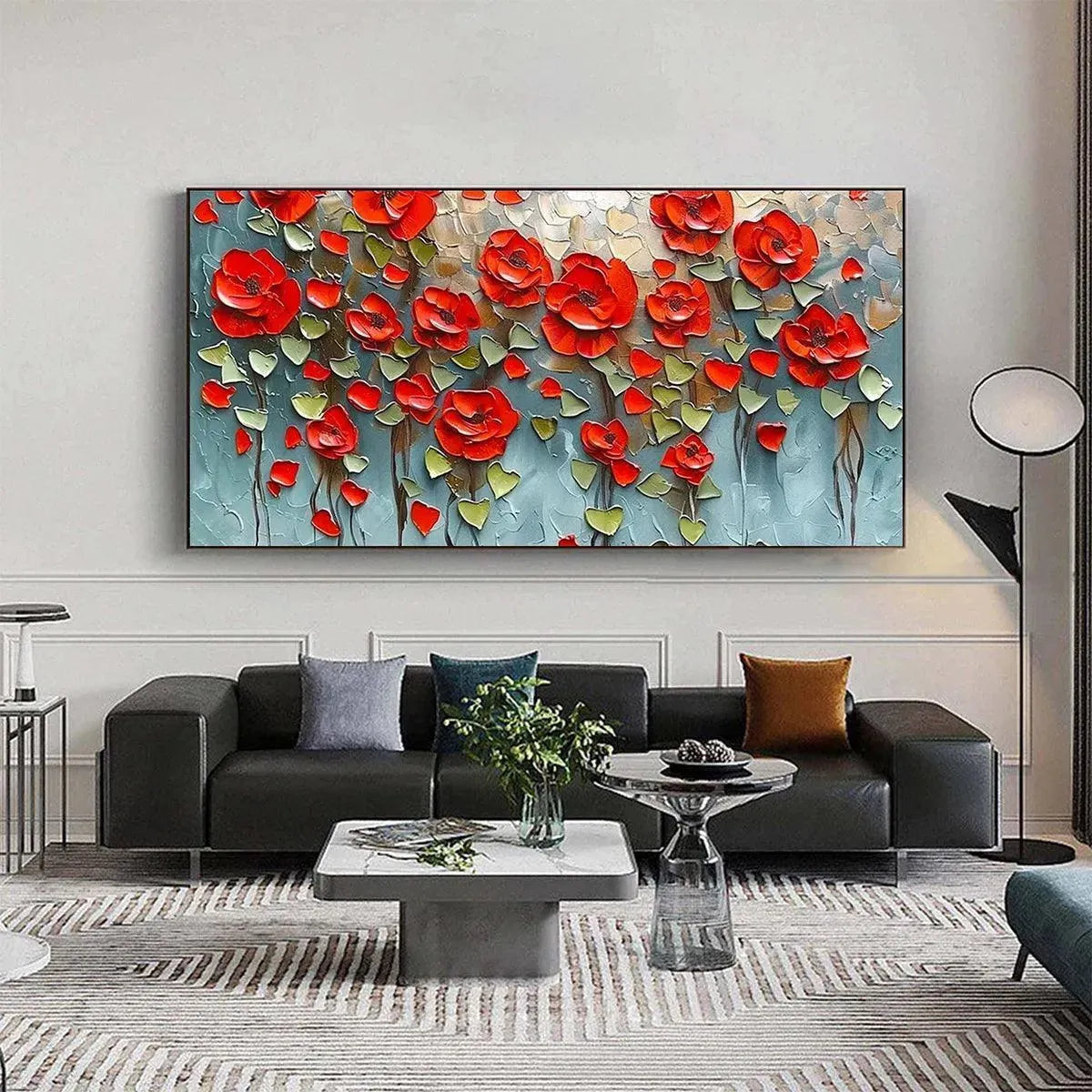 Textured impasto painting of a crimson field with vibrant red poppies and green leaves, showcasing thick brushstrokes.