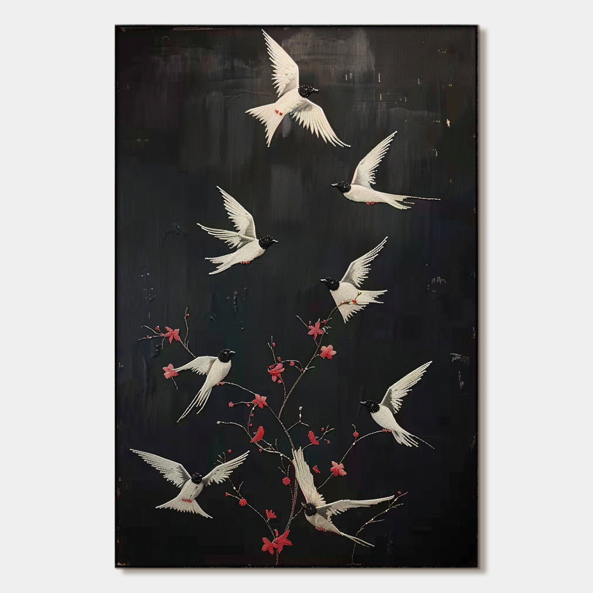 Dancing in the Dark: Beaded Birds and Blossoms Artwork - Elegant Nature Wall Decor