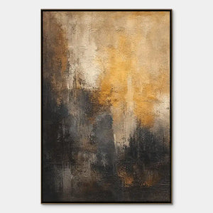 Dark gold vertical abstract handmade oil painting with smoky black texture