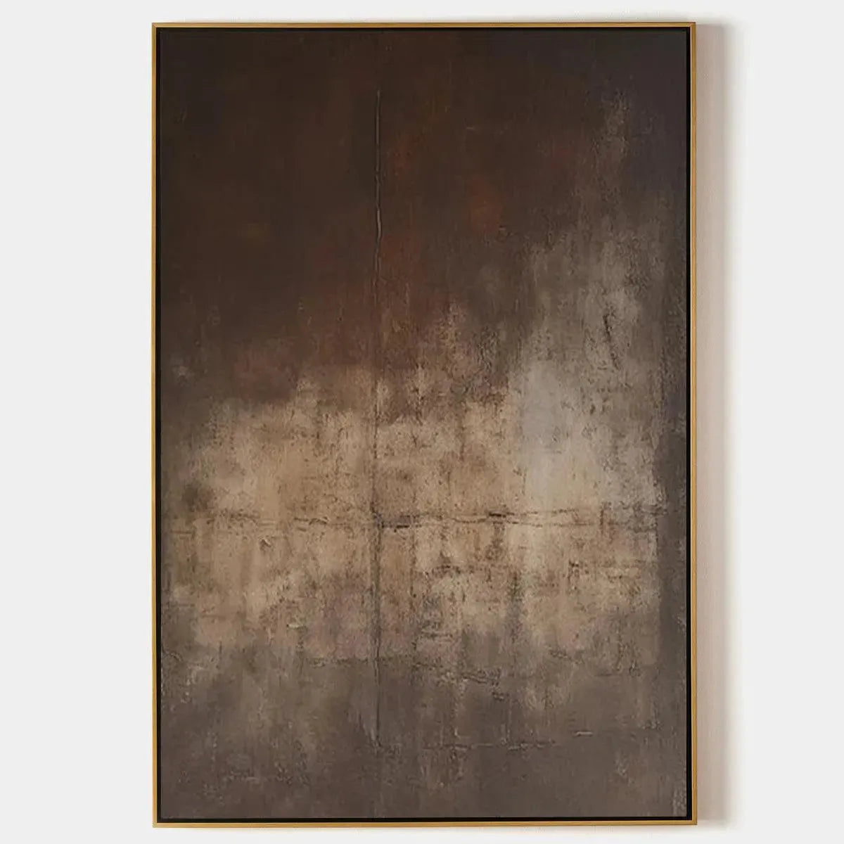 Dark Brown Textured Abstract, minimalist modern art painting by Javier Ramirez, gold frame.