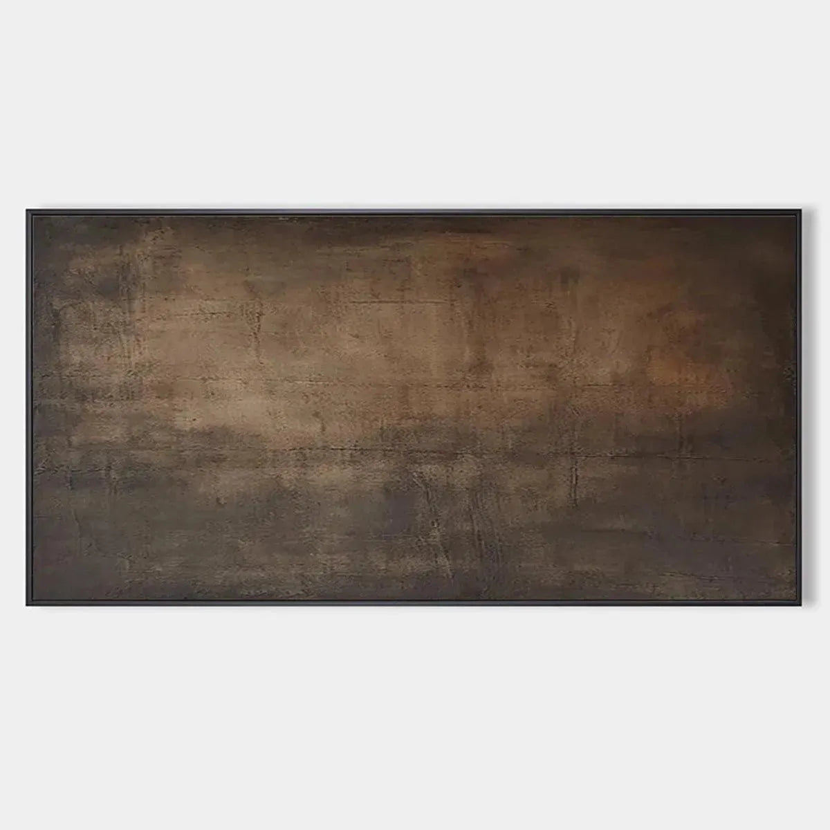 Dark Brown Textured Landscape by Liam O'Connell. Minimalist oil painting in brown hues within a black frame, for wall art.