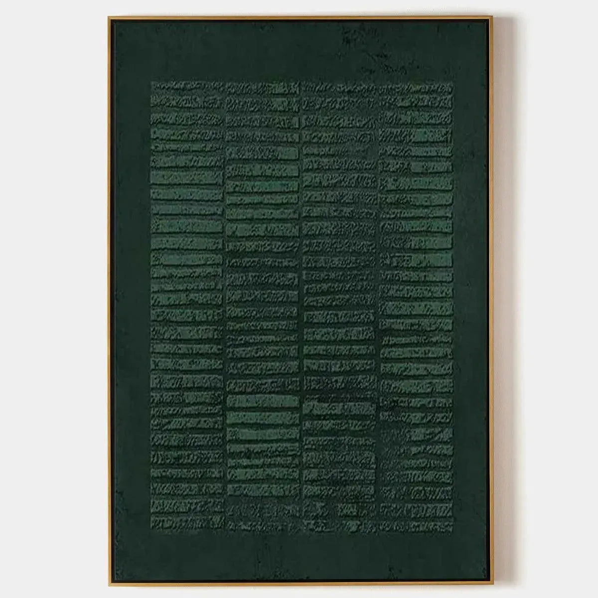 Javier Ramirez Dark Green Textured Grid artwork, minimalist painting with green hues and a textured surface in a gold frame