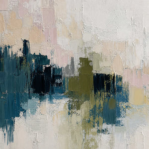 Textured abstract cityscape oil painting with teal, olive, blush, and cream impasto blocks