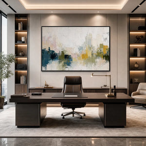 Textured impasto abstract cityscape painting above modern office desk