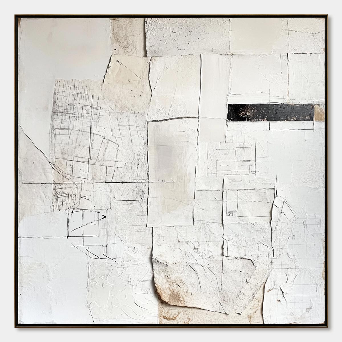 Deconstructed Plans: Original Textured Minimalist Abstract Oil Painting - Square White Black Architectural Wall Art