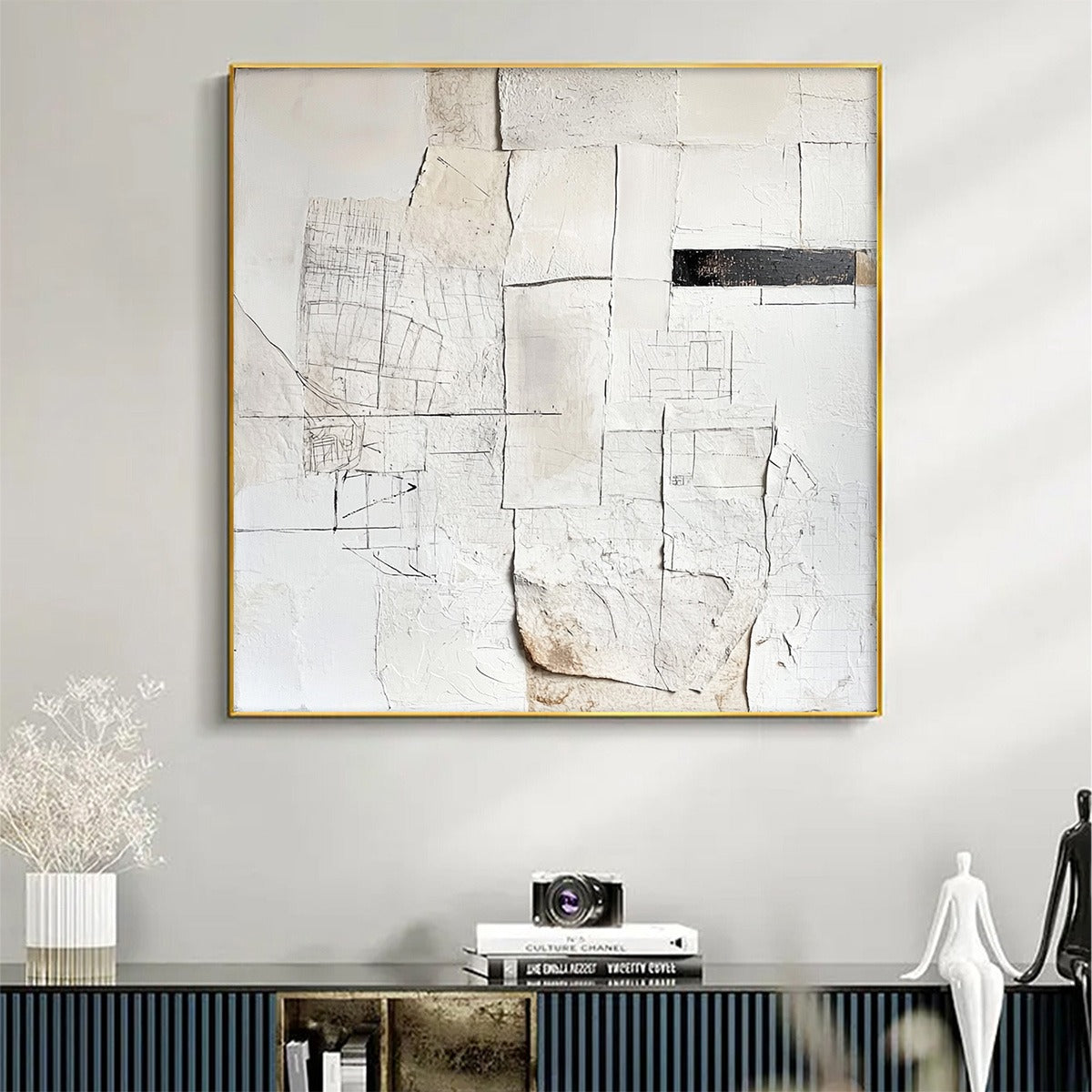 Deconstructed Plans: Original Textured Minimalist Abstract Oil Painting - Square White Black Architectural Wall Art