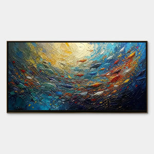 Deep blue abstract ocean painting with textured fish and golden light