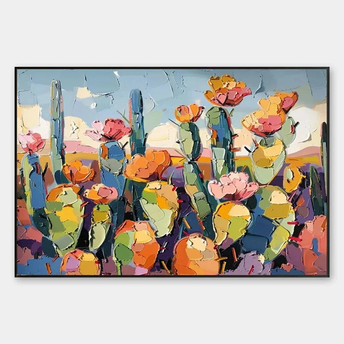 Desert Bloom: Textured Cactus Painting | Impasto Wall Art