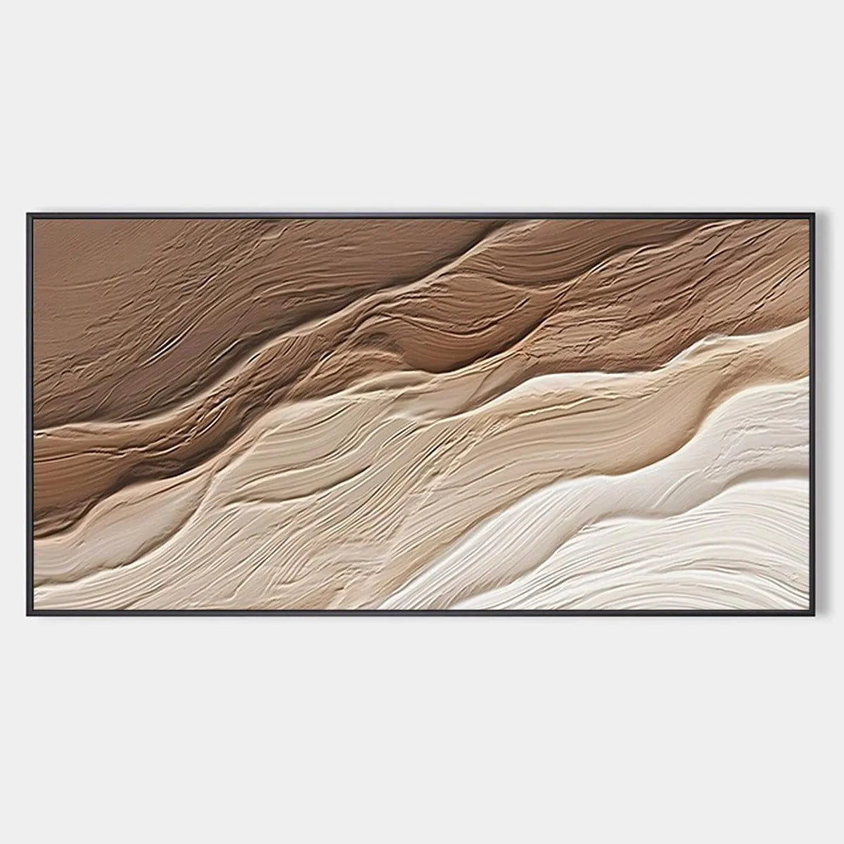 Textured abstract landscape painting 'Desert Flow' in brown and beige, showcasing wavy lines and depth.